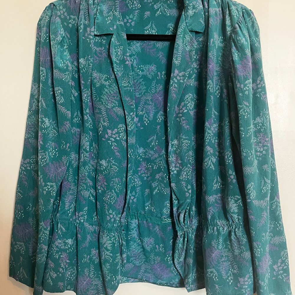 Vintage Silk Teal blouse with lavender floral patterns